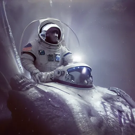 Image similar to concept art by craig mullins astronaut in futuristic dark and empty spaceship underwater. infrared complex and hyperdetailed technical suit. mandelbulb fractal. glowing light! reflection and dispersion materials. rays and dispersion of light. volumetric light. 5 0 mm, f / 3 2. noise film photo. flash photography. interstellar movie art