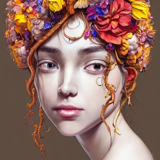 Image similar to the portrait of an absurdly beautiful, graceful, elegant young woman made of bananas and petals looking up, an ultrafine detailed illustration by kim jung gi, irakli nadar, intricate linework, bright colors, octopath traveler, final fantasy, angular, unreal engine 5 highly rendered, global illumination, radiant light, detailed and intricate environment