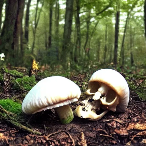 Prompt: alien mushrooms growing from a skull in the woods