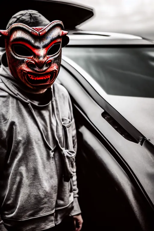 Image similar to guy with oni mask walkin on empty hood, photorealistic, smooth, 4 k, aesthetic lighting, baroque object, hyperdetailed, professional photography, pullitzer winning, photo by : canon eos 5 d mark iv, by karah mew and adnan abidi