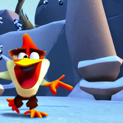 Image similar to screenshot of a cute wacky humanoid goose enemy with a coat in crash bandicoot video game, crash bandicoot 4, playstation 1 era graphics, activision blizzard style, 4 k upscaled graphics