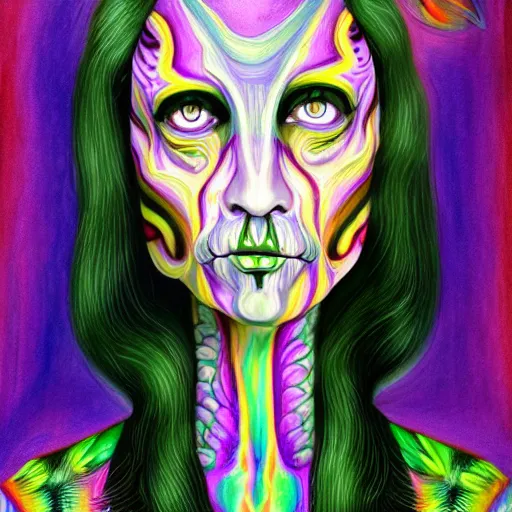 Image similar to An extremely psychedelic portrait of the Addams Family, surreal, LSD, face, detailed, intricate, elegant, lithe, highly detailed, digital painting, artstation, concept art, smooth, sharp focus, illustration