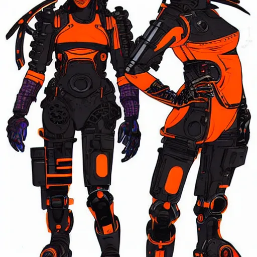 Prompt: cyberpunk mechanic lady with robotic legs. orange and black color scheme. concept art by james gurney and mœbius. apex legends character art