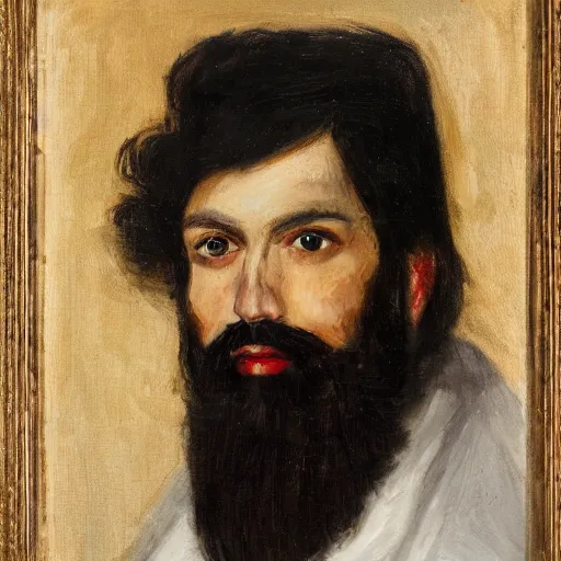 Image similar to A portrait of a man. He has black hair, a black beard, oil painting