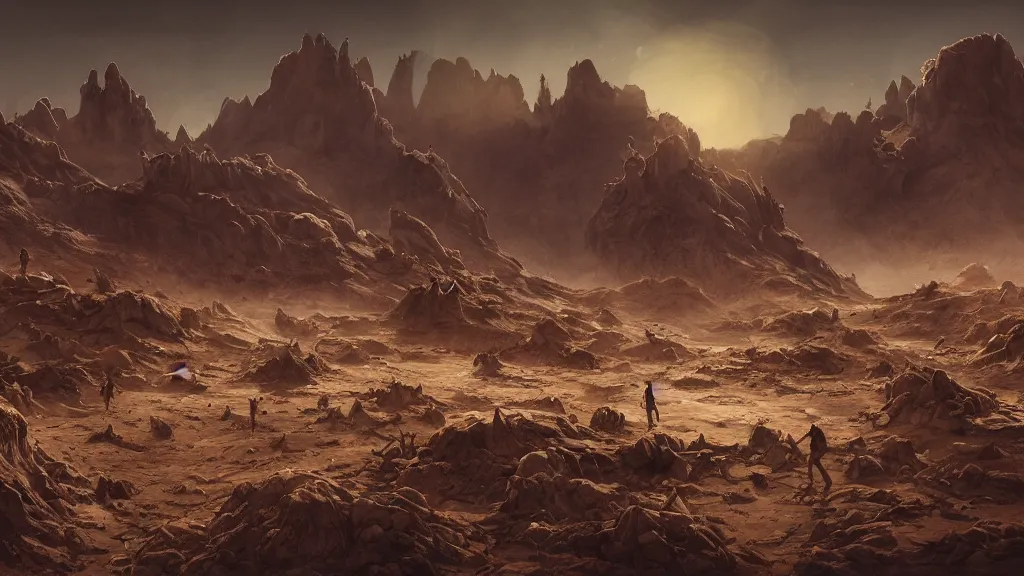 Image similar to a sinister desert planet, desert landscape, ward after the battle, corpses, pain, despair, dramatic lighting, cinematic, extremly high detail, photorealistic, cinematic lighting, post processed, concept art, artstation, matte painting, style by greg rutkowsky, perfect readability