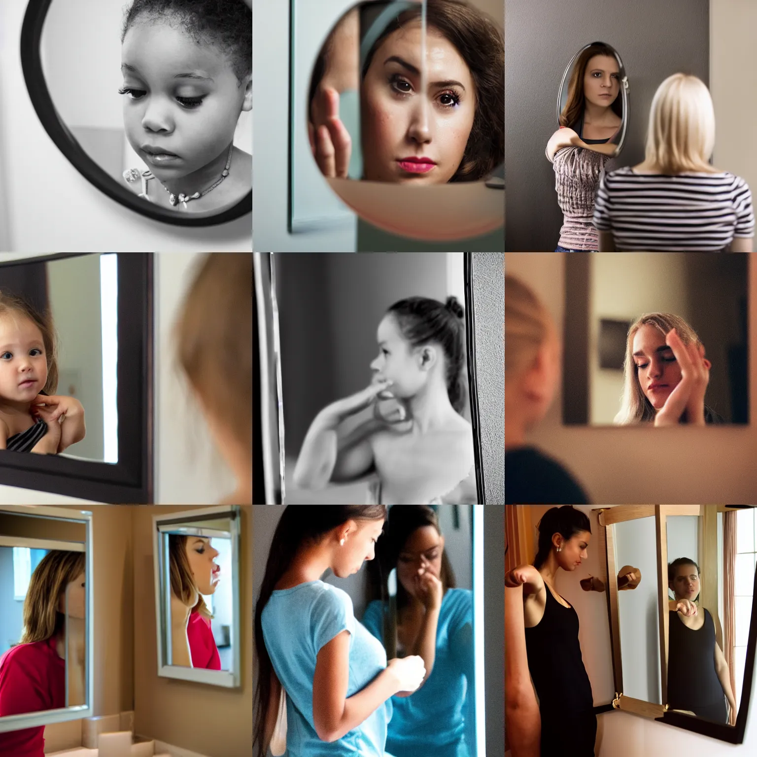 Prompt: she recognizes her reflection in the mirror