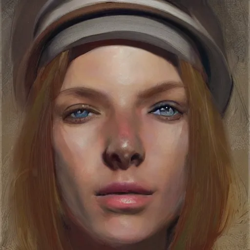 Image similar to frontal portrait of a woman with a hat that covers her eyes, by jon foster