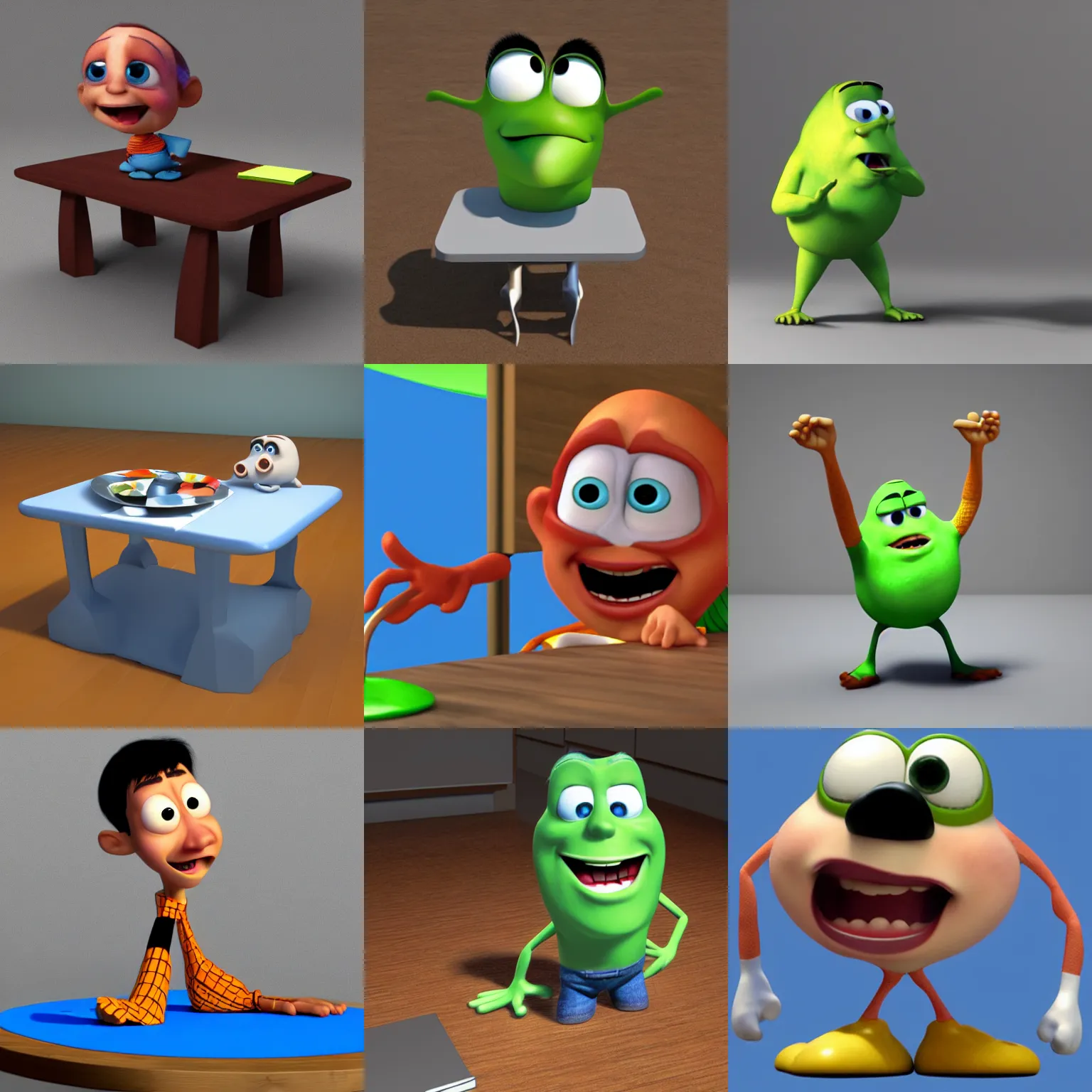 Prompt: pixar character, table, angry, 3 d