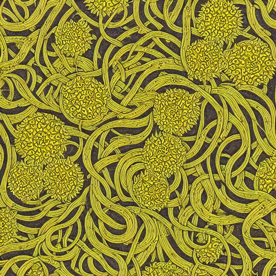 Image similar to an ornate illustration in the styles of mandalas and fractals, the styles of escher and penrose, depicting sunflowers and vines.