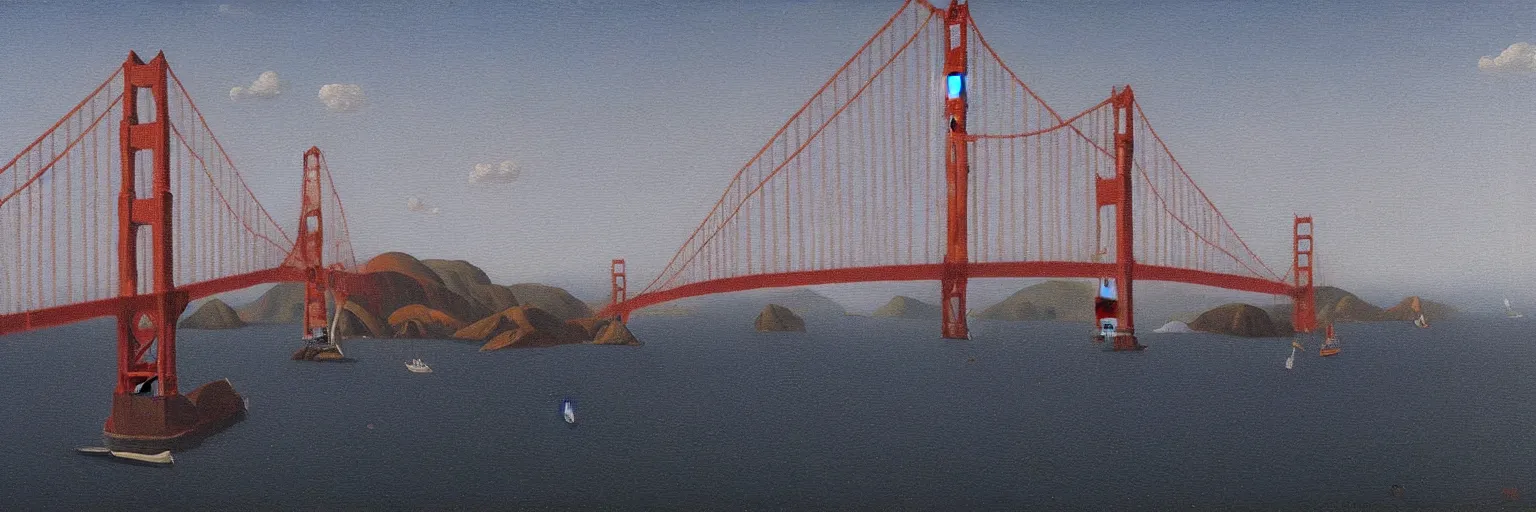 Prompt: Golden Gate Bridge oil painting magritte