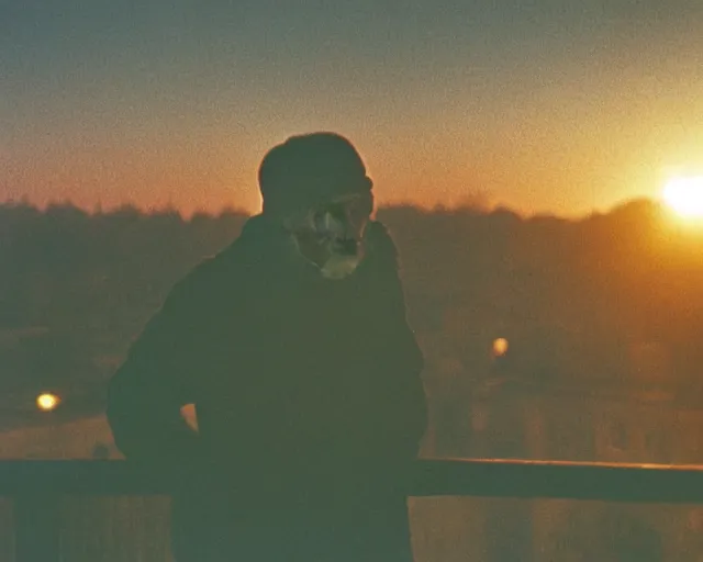 Prompt: lomo photo of 4 0 years russian man with beard and sweater standing on small hrushevka balcony full with cigarette smoke in small russian town looking at sunset, film still, atmospheric, cinestill, bokeh