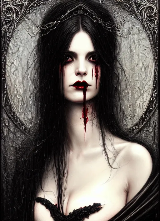 Image similar to highly detailed oil painting | very intricate | cinematic lighting | black, white and blood color scheme, dark background | portrait of a exquisite beautiful vampire woman with long elegant tangles of black hair, eyes, gothic fog ambience, hyper realistic head, fantasy victorian art, in the style of greg rutkowski, zdizslaw beksinski, intricate, alphonse mucha