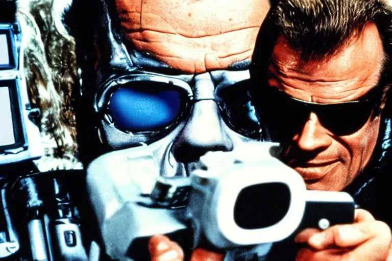 Image similar to Jack Nicholson as Terminator is playing with gameboy scene