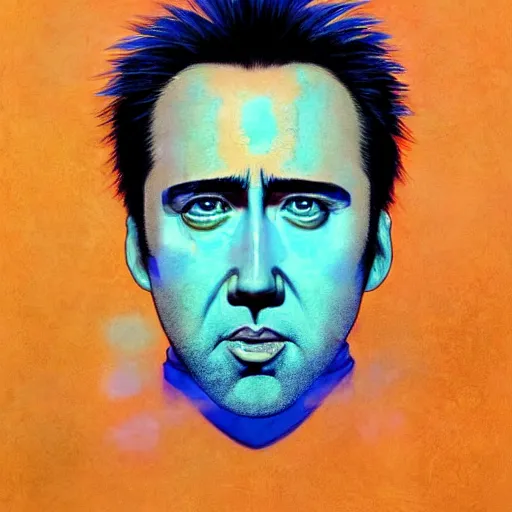 Image similar to prompt : blue nicolas cage illustration portrait soft light painted by james jean and katsuhiro otomo and erik jones, inspired by evangeleon anime, smooth face feature, intricate oil painting, high detail illustration, sharp high detail, manga and anime 1 9 9 9