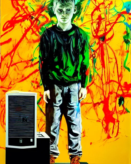 Prompt: an 8 years old enlightened and scared boy standing in front of an old computer from 90s with a game doom2 at the monitor screen painted by Adrian Ghenie and Willem de Kooning and Cy Twombly, still from a movie by Gaspar Noe and James Cameron. expressive acrylic flowing smudged painting