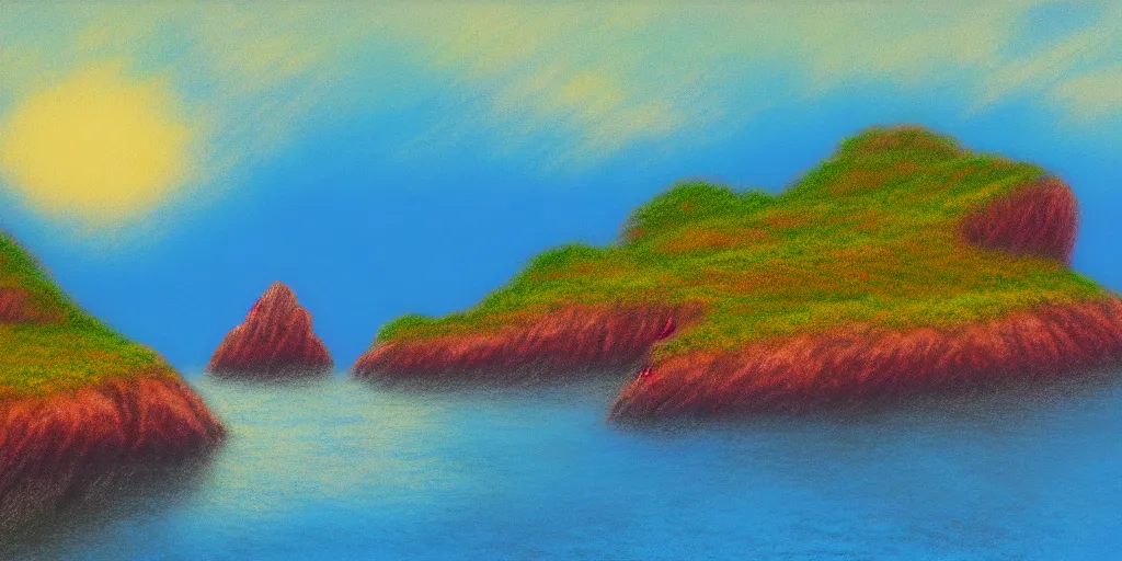 Image similar to a landscape pastel in the style of noriyoshi ohrai and bob ross of rocky islands, dawn. key art. 4 k fantasy