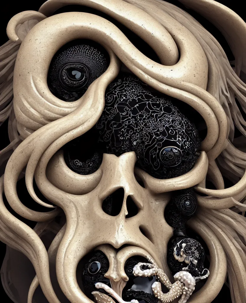 Image similar to goddess princess face close-up portrait ram skull. sculpture made of black stone with elements made of polished gold. jellyfish phoenix head, nautilus, orchid, skull, betta fish, bioluminiscent creatures, intricate artwork by Tooth Wu and wlop and beeple. octane render, trending on artstation, greg rutkowski very coherent symmetrical artwork. cinematic, hyper realism, high detail, octane render, 8k