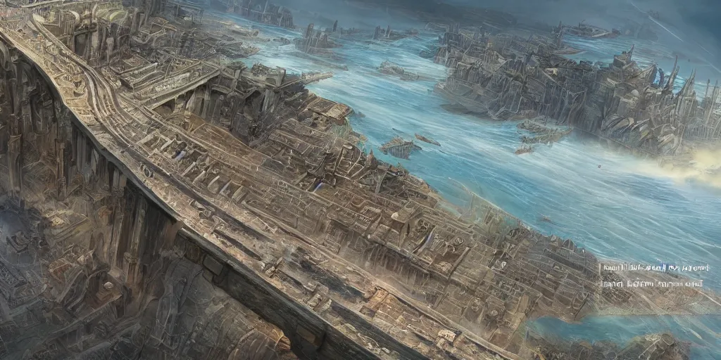 Prompt: illustration, concept illustration, a single giant ancient city on a single bridge, giant continent bridge build over the ocean in a straight line that developed into a grand city, fading into the distance