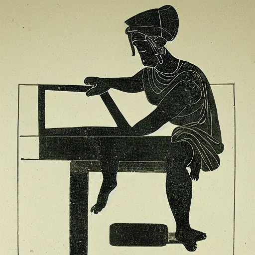Prompt: photo of an anceint greek vase depicting a man playing games on his computer with his back hunched, 4 k, award winning photograph, ancient greek vase, museum photograph, highly detailed