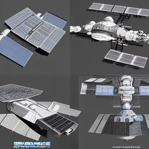 Prompt: top view, side view and front view of a science fiction space station, concept art, digital art