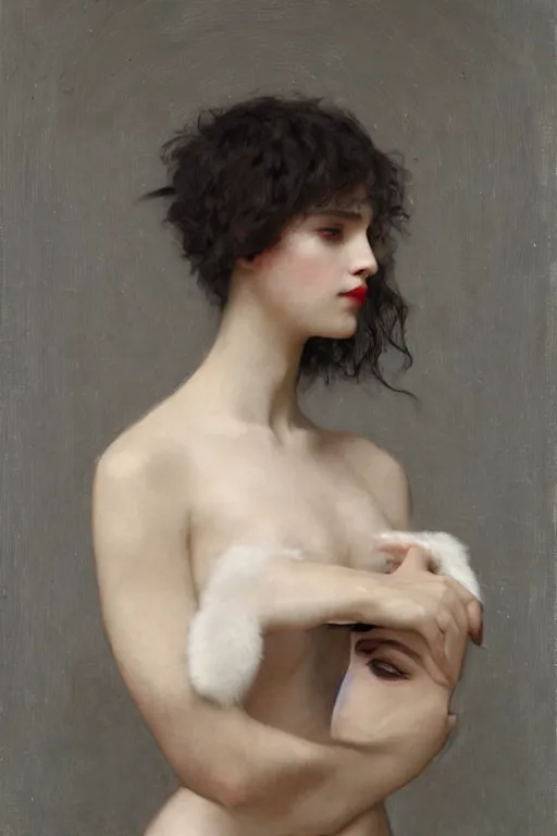 Image similar to portrait of a warrior, amazon, slav, very beautiful face, pleasant facial features, red lips, long snow - white hair, black closed velvet dress, leather armor, iron armor, white boots, fur, clothes alexander mcqueen very beautiful style, photorealism, bouguereau, edgard maxence