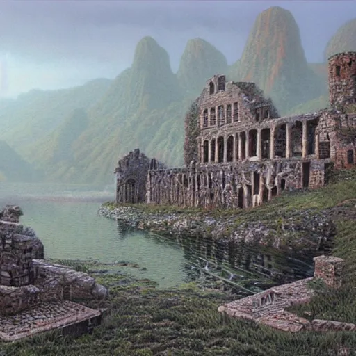 Image similar to ruined stone city in a lake. misty weather. painting by Ted Nasmith and Larry Elmore.