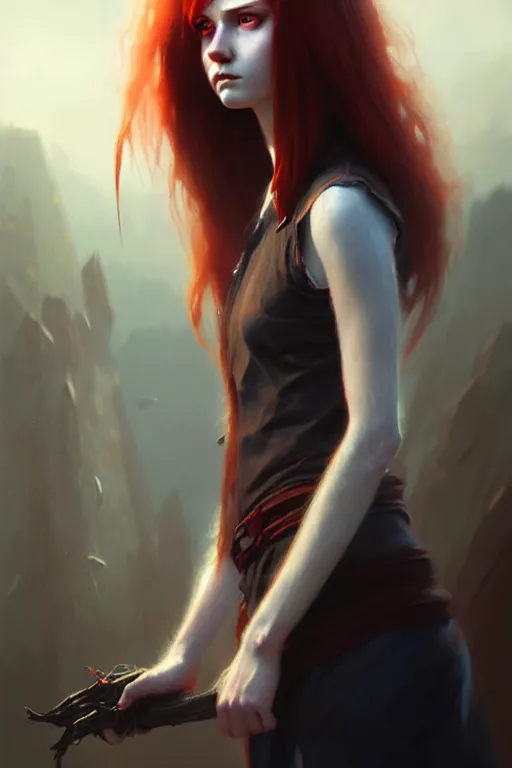 Prompt: a young tall, slender girl, with fiery red hair and bright blue eyes, hyperrealistic face, beautiful eyes, fantasy art, in the style of greg rutkowski, intricate, hyperdetalized, smooth