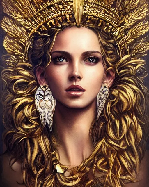 Image similar to front view of beautiful super model aphrodite greek goddess wearing a gold laurel wreath and triangle earrings, realism tattoo sketch, beautiful piercing eyes with sharp pupils, beautiful blonde hair, in the style of greg rutkowski, fantasy, amazing detail, epic, elegant, smooth, sharp focus