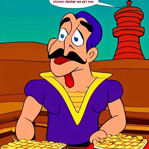 Image similar to the genie from aladdin hates waffles, he hates waffles so much, he wants to destroy any waffle he sees. the genie from aladdin sees some waffles right now