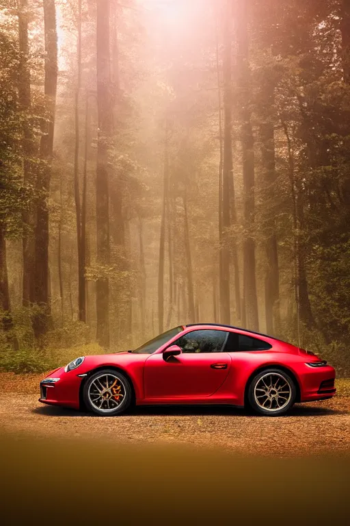 Image similar to Phot of a Porsche 911 Carrera 3.2 parked on a road, forest in the background, volumetric lighting, golden hour, fog, award winning, highly detailed, photo print.