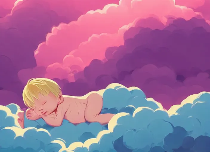 Prompt: a newborn baby with blonde hair lying on a cloud in front of a pink and blue sunrise sky. clean cel shaded vector art. shutterstock. behance hd by lois van baarle, artgerm, helen huang, by makoto shinkai and ilya kuvshinov, rossdraws, illustration, art by ilya kuvshinov