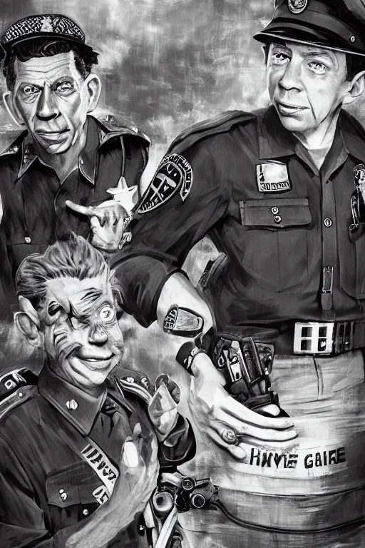 Image similar to andy griffith and barney fife, police stake out, at a birthday party at chuck e cheese, mid 9 0 s, gritty, ethereal details, cinematic lighting, hyper - detailed, maximalist, artstation, 8 k