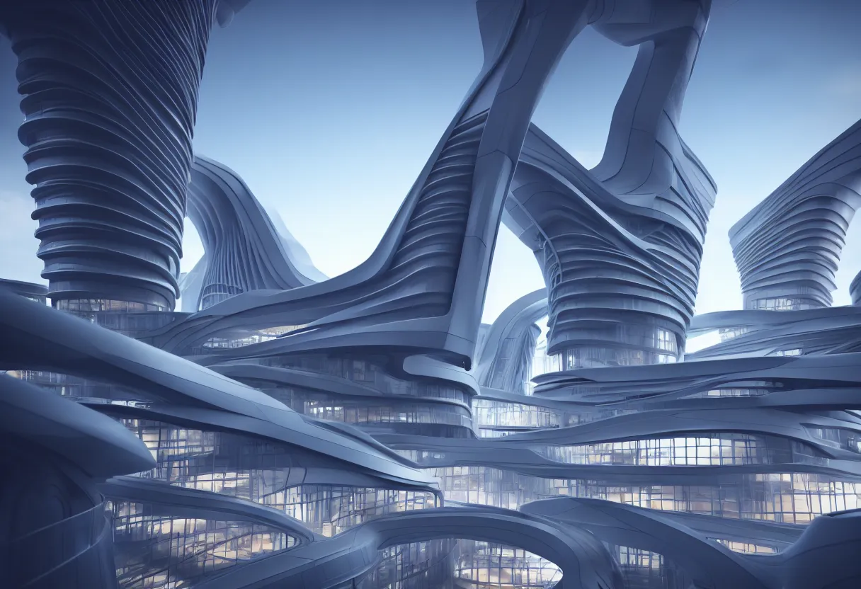 Prompt: futuristic architecture by zaha hadid, multi storey, cinematic shot, unreal engine, photorealistic, octane render