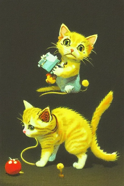 Image similar to a retro videogame showing a small yellow kitten with the belly upwards, artwork by yoshitaka amano, masterpiece