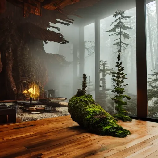 Image similar to living room interior with temperate rainforest aesthetic, live redwood furniture and objects, moss floor, volumetric atmospheric interior fog, fallen log furniture.