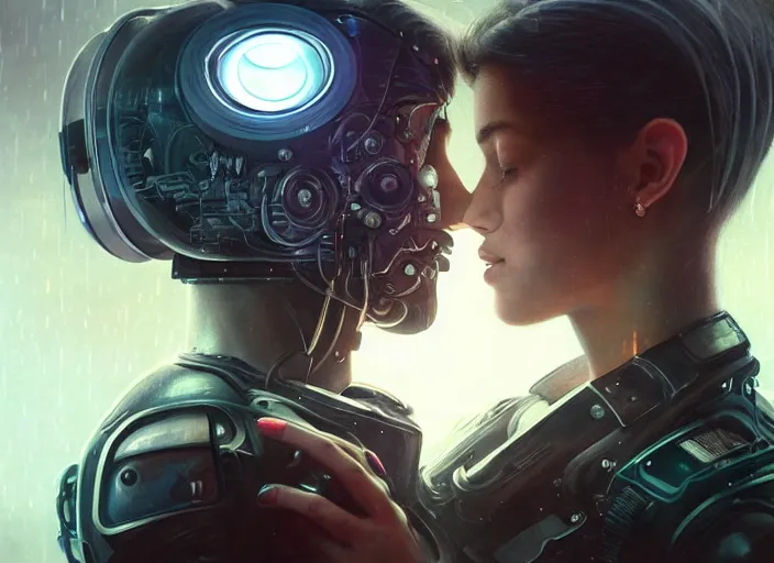 Prompt: ultra realistic medium shot of a couple of cyborgs kissing, lovers, cyberpunk, sci - fi, kodak, faces, colour led, soft light, volumetric lighting, fog, rays, night, rain, station, intricate detailed, digital painting, concept art, smooth, sharp focus, illustration, art by artgerm and greg rutkowski and alphonse mucha