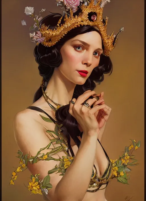 Image similar to leyendecker, brom, lovely tiger queen, portrait, long hair, small crown, flowerpunk, crystal coated black flowers, by greg rutkowski, anato finnstark, alphonse mucha, global illumination, radiant light