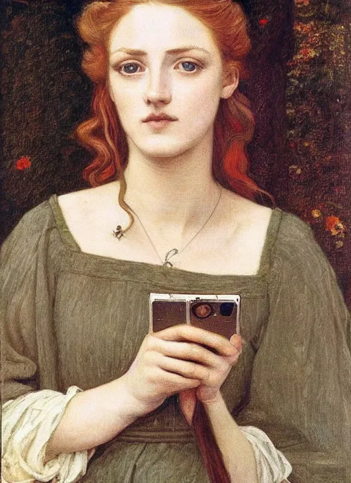 Prompt: selfie of a Pre-Raphaelite young beautiful woman with blond hair