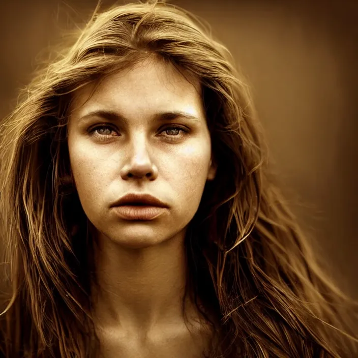 Image similar to photographic Close-up face of a extremely beautiful girl and light brown hair , high light on the left, Sharp focus, cinematic lighting ,non-illuminated backdrop, illuminated by a dramatic light, volumetric light, Low key lighting, light dark, High constrast, dramatic , Steve Mccurry, Lee Jeffries , Norman Rockwell, Craig Mulins ,dark background, high quality, photo-realistic, 8K