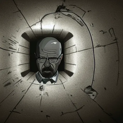 Image similar to Walter white hiding in a sewer, dark, unlit, photorealistic