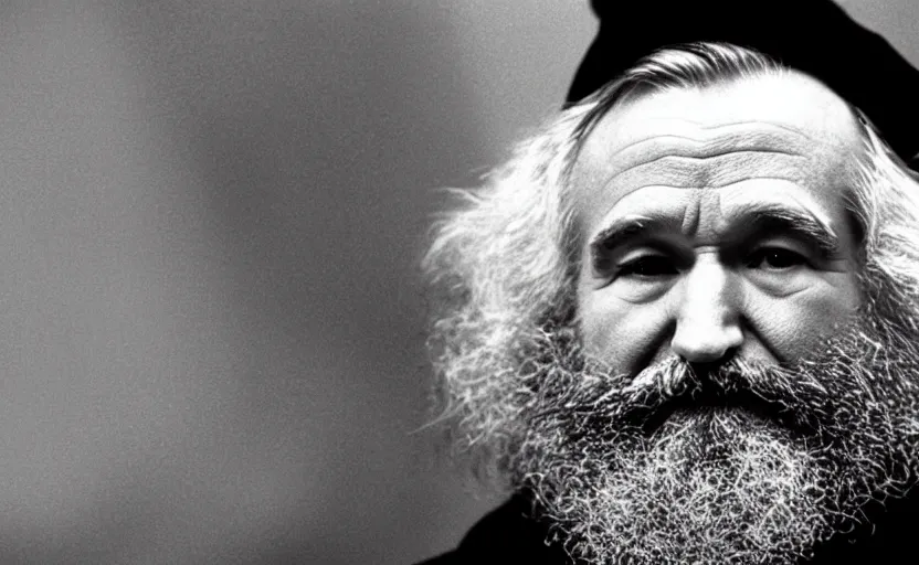 Image similar to Robin Williams as Karl Marx in 'Marx' (1994), movie still frame, oscar nominated cinematography, volumetric lighting, 8k resolution, beautiful composition