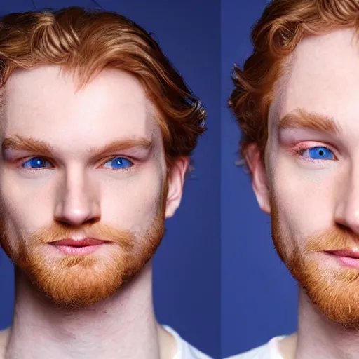Image similar to handsome, very pale, ginger man with wavy hair, blue eyes, small nose, thin lips, white teeth, small ears, upper body photograph