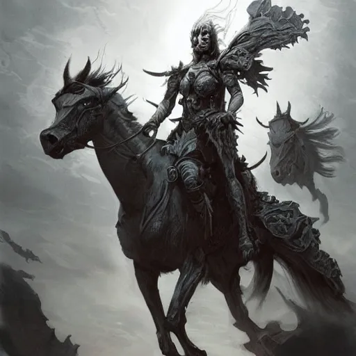 Image similar to concept art by artgerm, death of the four horsemen of the apocalypse, soft grey and blue natural light, intricate, queen of death riding, highly detailed dark art, digital painting, artstation, concept art, smooth, sharp focus, illustration, art by greg rutkowski and luis rollo and uang guangjian and gil elvgren, symmetry!