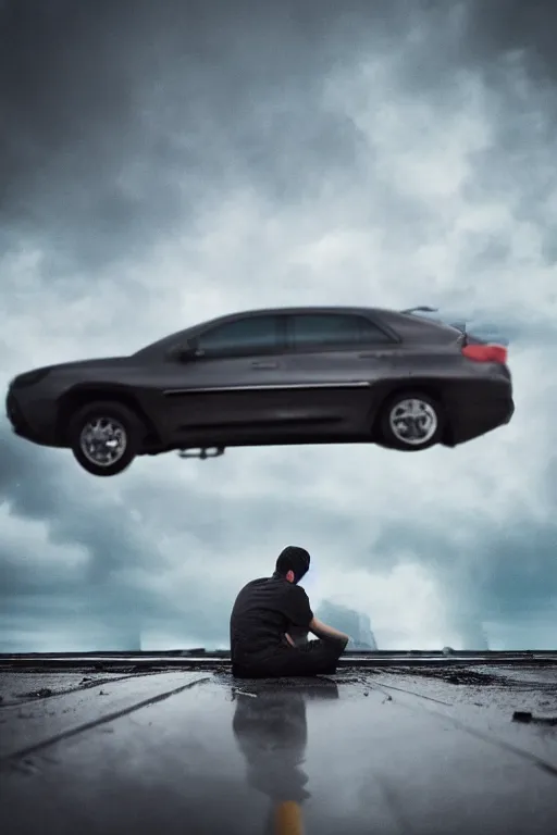 Image similar to Photo of a man sitting on the car roof in the heavy in front of the city that sank, raining, flood, hyper realistic, outdoor lighting, dynamic lighting, volumetric, wide angle, anamorphic lens, go pro, 4k