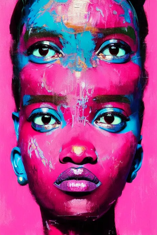 Image similar to portrait of a stylized african young lady, painted in acrylic, pigment textures, wet paint, in the colors hot pink and cyan, beautiful realistic face, rule of thirds, spotlight, by greg rutkowski, by jeremy mann, by francoise nielly, by van gogh, by ross tran, in focus