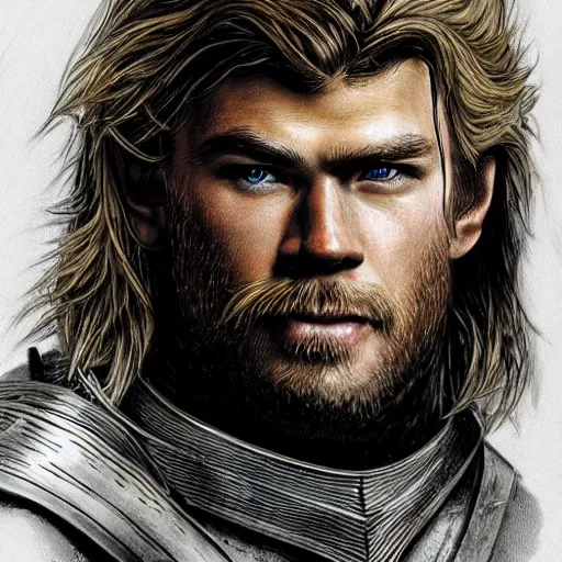 Image similar to a portrait of a medieval knight drawn in the style of jim lee, face of chris hemsworth with a short beard and short blonde hair, trending on artstation, realistic, detailed