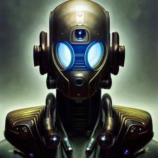 Image similar to front shot of a cyberpunk gazmask robot character, intricate, elegant, highly detailed, centered, digital painting, artstation, concept art, smooth, sharp focus, illustration, artgerm, Tomasz Alen Kopera, Peter Mohrbacher, donato giancola, Joseph Christian Leyendecker, WLOP, Boris Vallejo