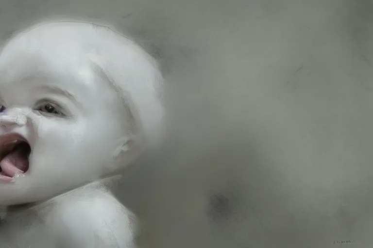 Image similar to concept art of a squealing white baby. by ashley wood and j. m. w. turner, speed painting, photo bash, cinematic angle, super detailing,