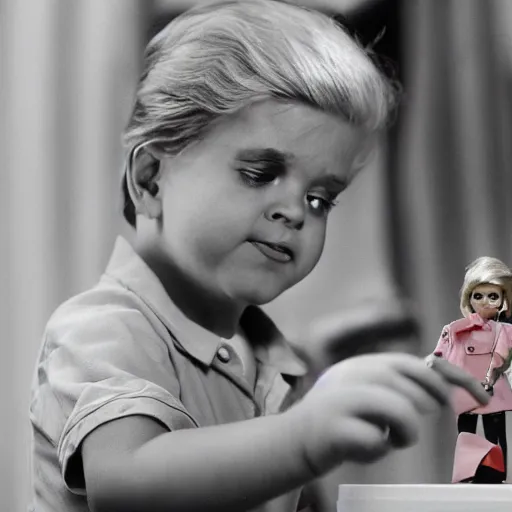 Prompt: 3 5 mm macro photograph of a young donald trump playing w barbie dolls, highly detailed, 4 k