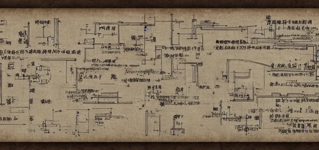 Prompt: detailed sktech of smarthone, laptop and pc on ancient manuscript, ancient chinese manuscript, ink manuscript, technical drawing blueprint